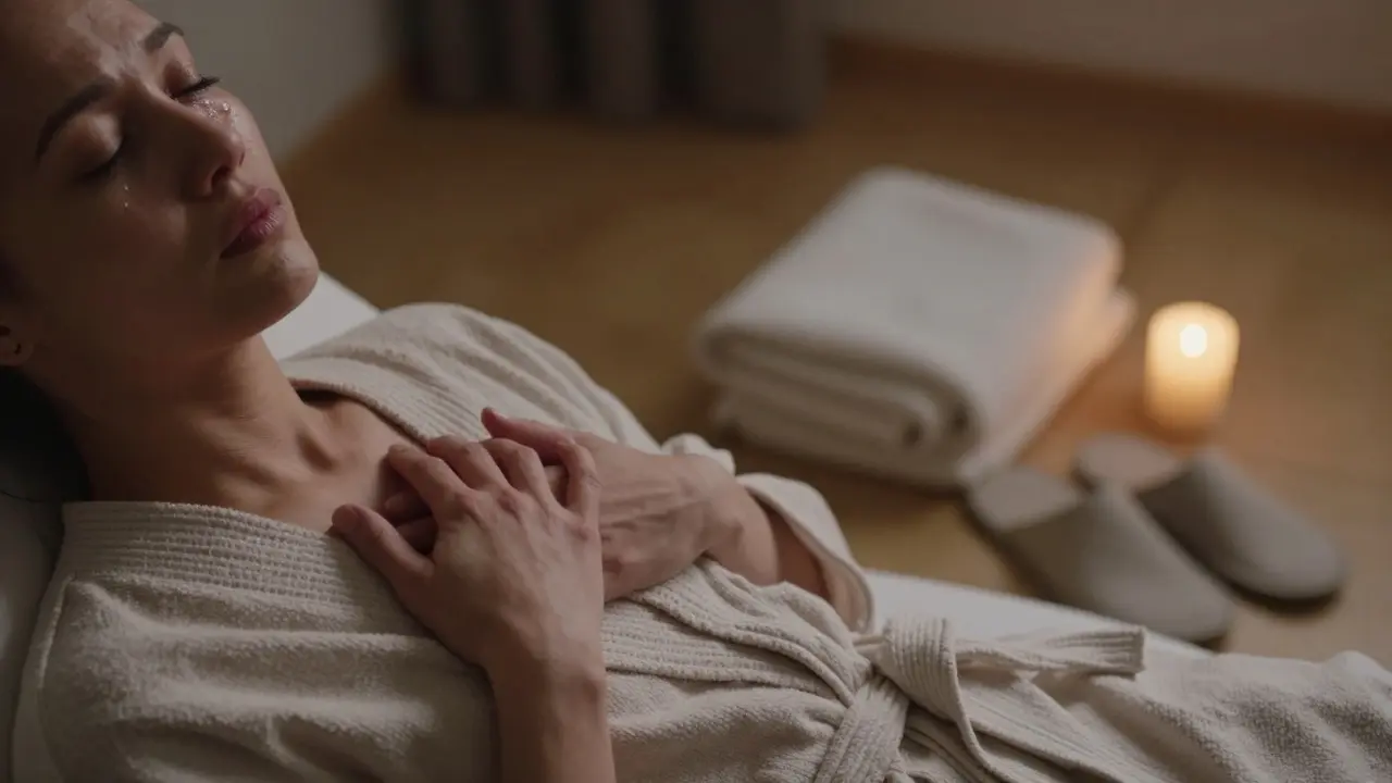 Žena se dotýká prsníku po sezení shiatsu, slzy na tváři — znázorňuje vnitřní uvolnění.