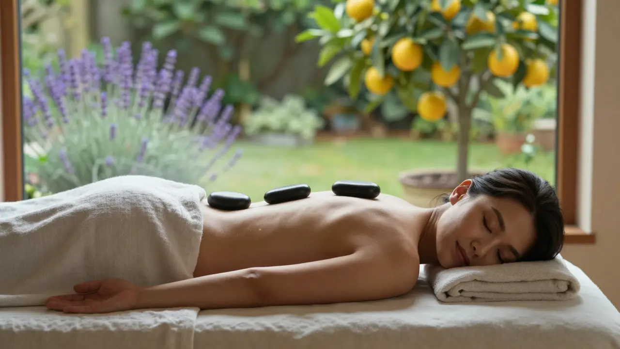 Žena spí klidně během Breussovy masáže s teplými kameny na zádech a jemným osvětlením.