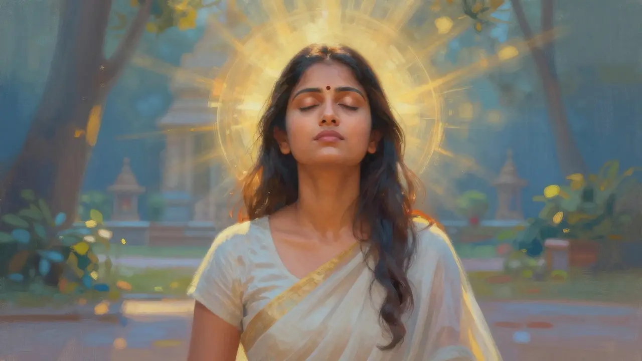 Žena v meditaci s jemným zlatým zářením kolem hlavy v klidné zahradě.