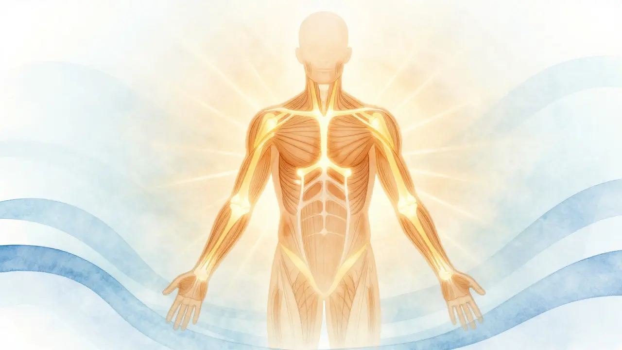 Abstraktní znázornění uvolnění svalů kolem zánětlivých kloubů pomocí jemných zlatých paprsků.