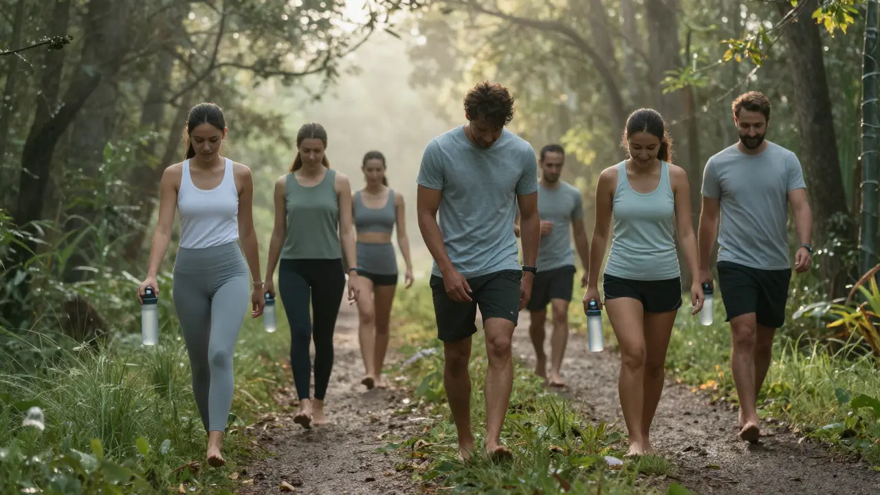 Lidé chodí po lesní cestě ráno, masírují si tělo a piji vodu — přirozená cesta ke zdraví.