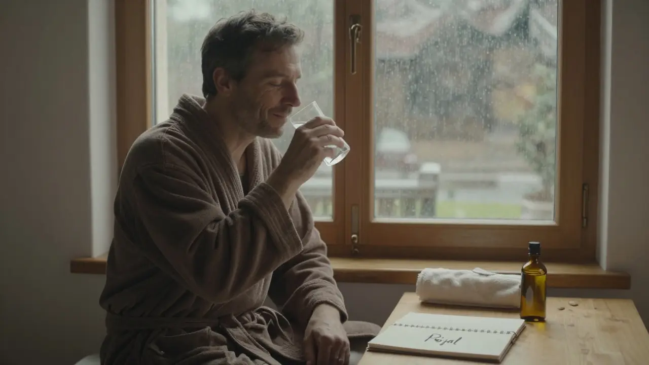 Muž po masáži sedí u okna a pije teplou vodu, venku prší, v místnosti je klid.