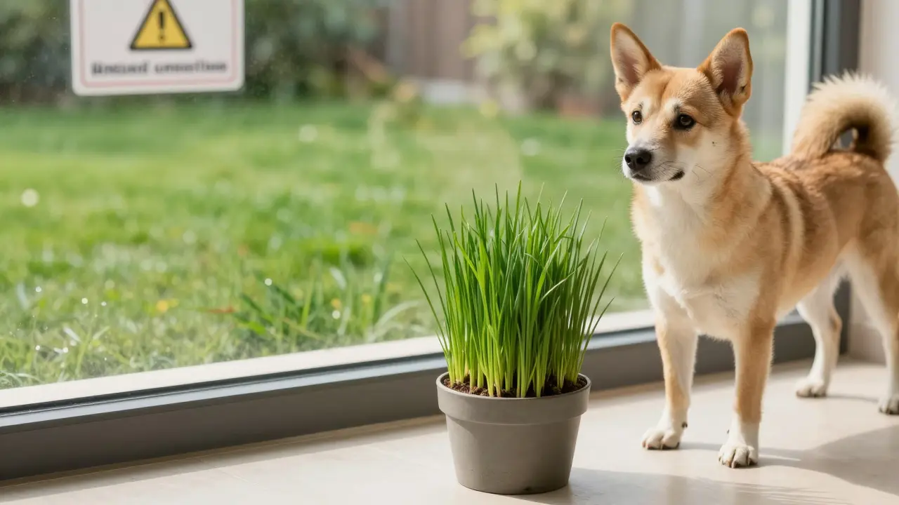 Pes u květináče s bezpečnou psí trávou, kontrast s ošetřenou trávou.