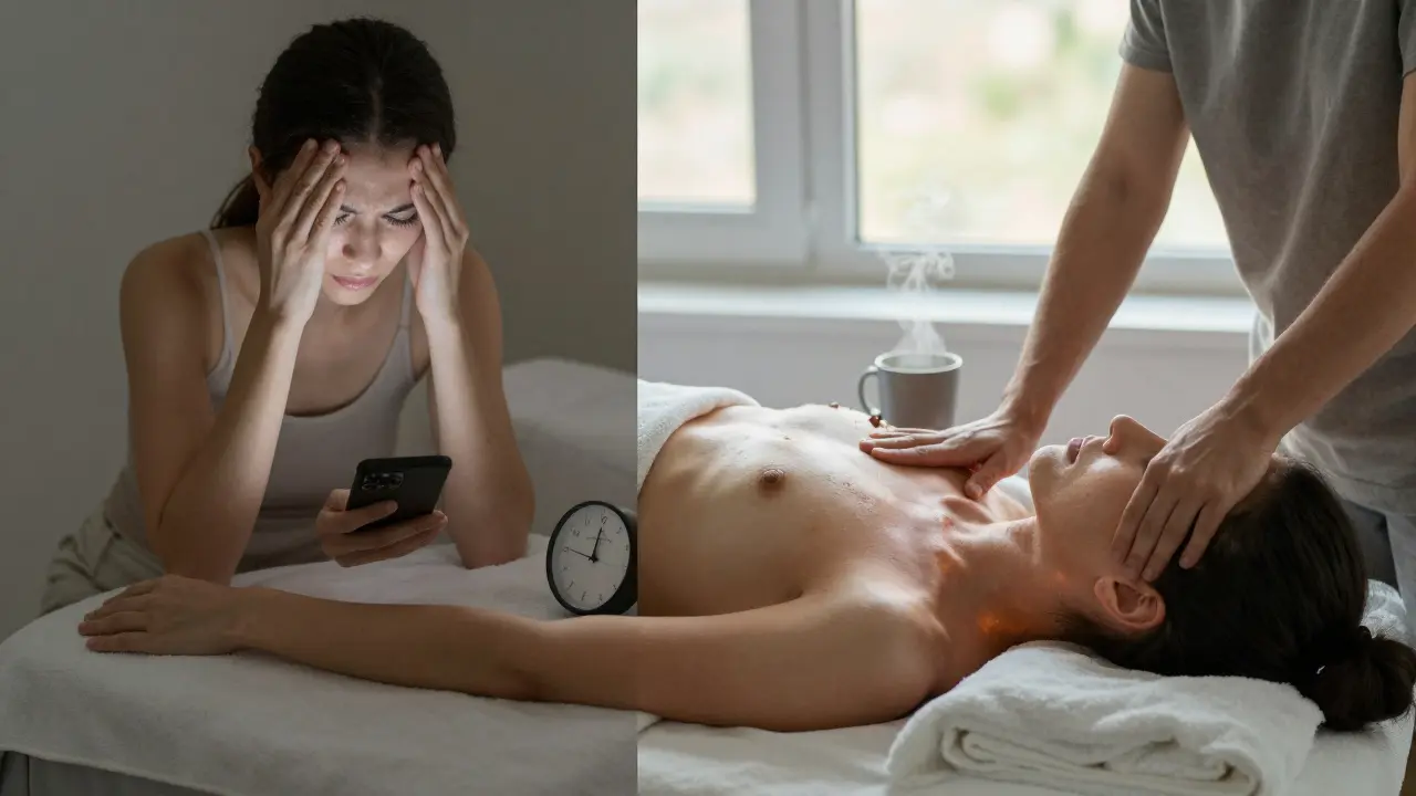 Přechod od stresu k klidu: napjatý člověk před masáží a uvolněný po ní v stejném prostředí.