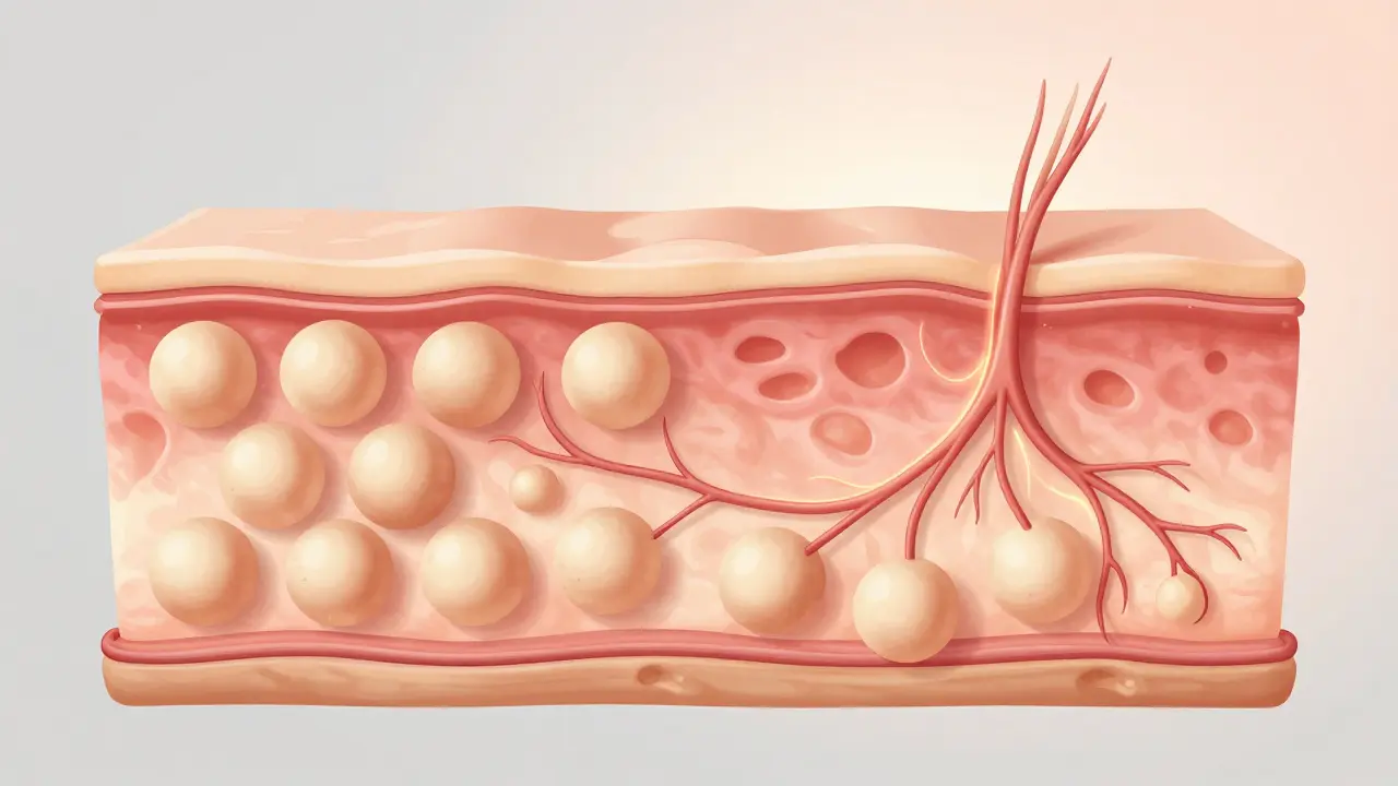 Přehled pod kůží: tukové buňky před a po masáži, zlepšený odtok lymfy a krevní oběh.