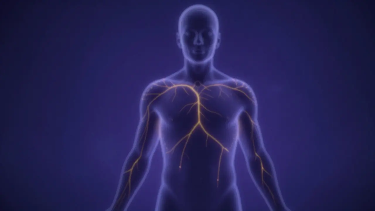 Světelné linie znázorňující tok energie přes tělo