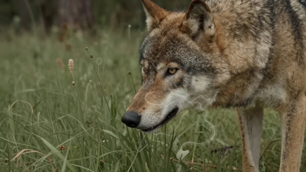 Vlk v přírodě sní trávu, symbolizující evoluční původ tohoto chování.