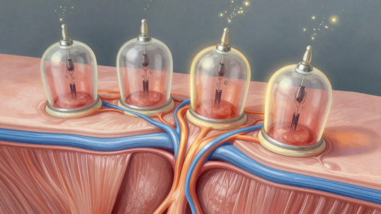 Vnitřní pohled na kůži a tkáně během baňkování: rozšířené kapiláry a oddělení fascie od svalu.