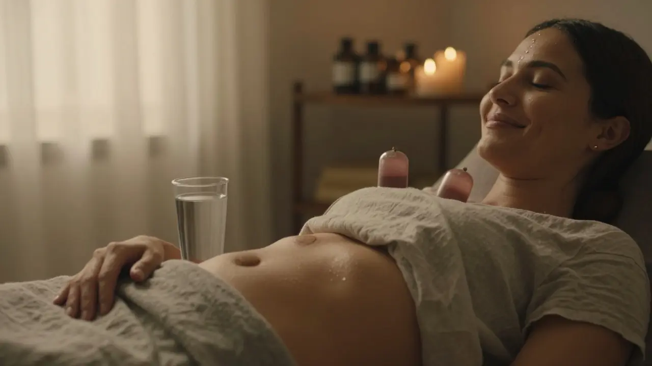 Žena v klidu po baňkování, s mírnými značkami na kůži a sklenicí vody vedle sebe.