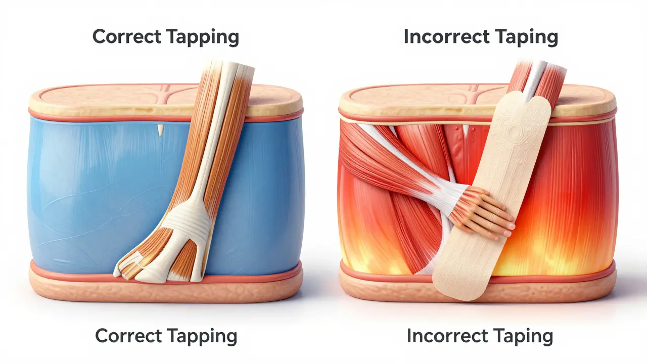 3D ilustrace srovnávající správné uvolnění tkání a špatnou kompresi svalu při tejpování.