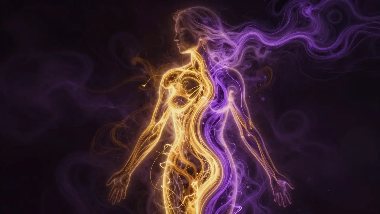 Abstraktní zobrazení proudění zlaté a fialové energie v ženském těle.