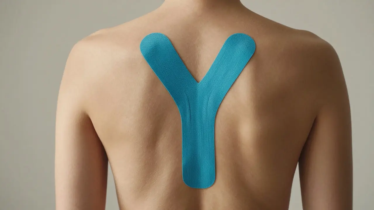 Aplikace kineziologické pásky ve tvaru Y na bederní oblast pro stabilizaci spodních zad.