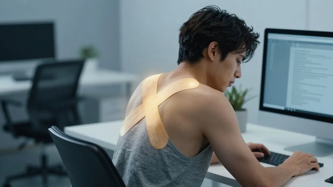 Člověk s vypnutými zády u počítače s vizuálním znázorněním podpory tejpů v oblasti lopatek.