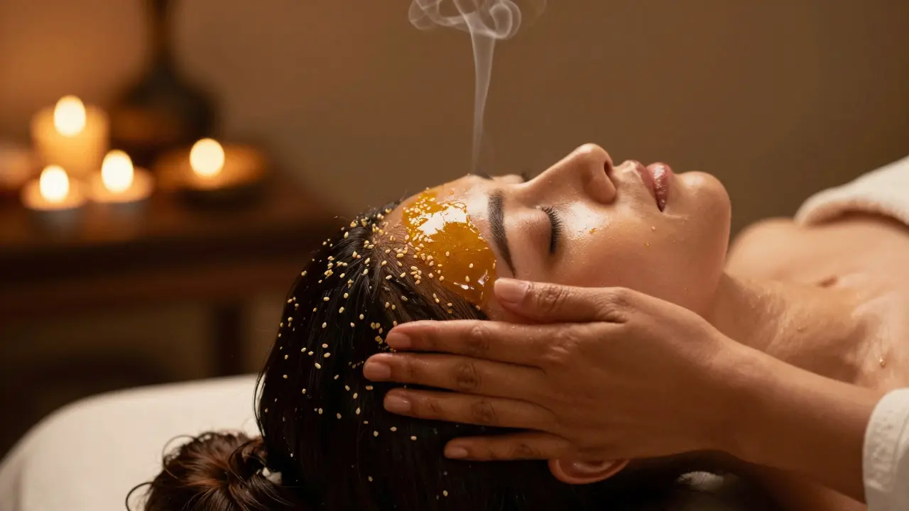 Detailní záběr na aplikaci teplého sésamového oleje při indické masáži hlavy v uklidňujícím prostředí.