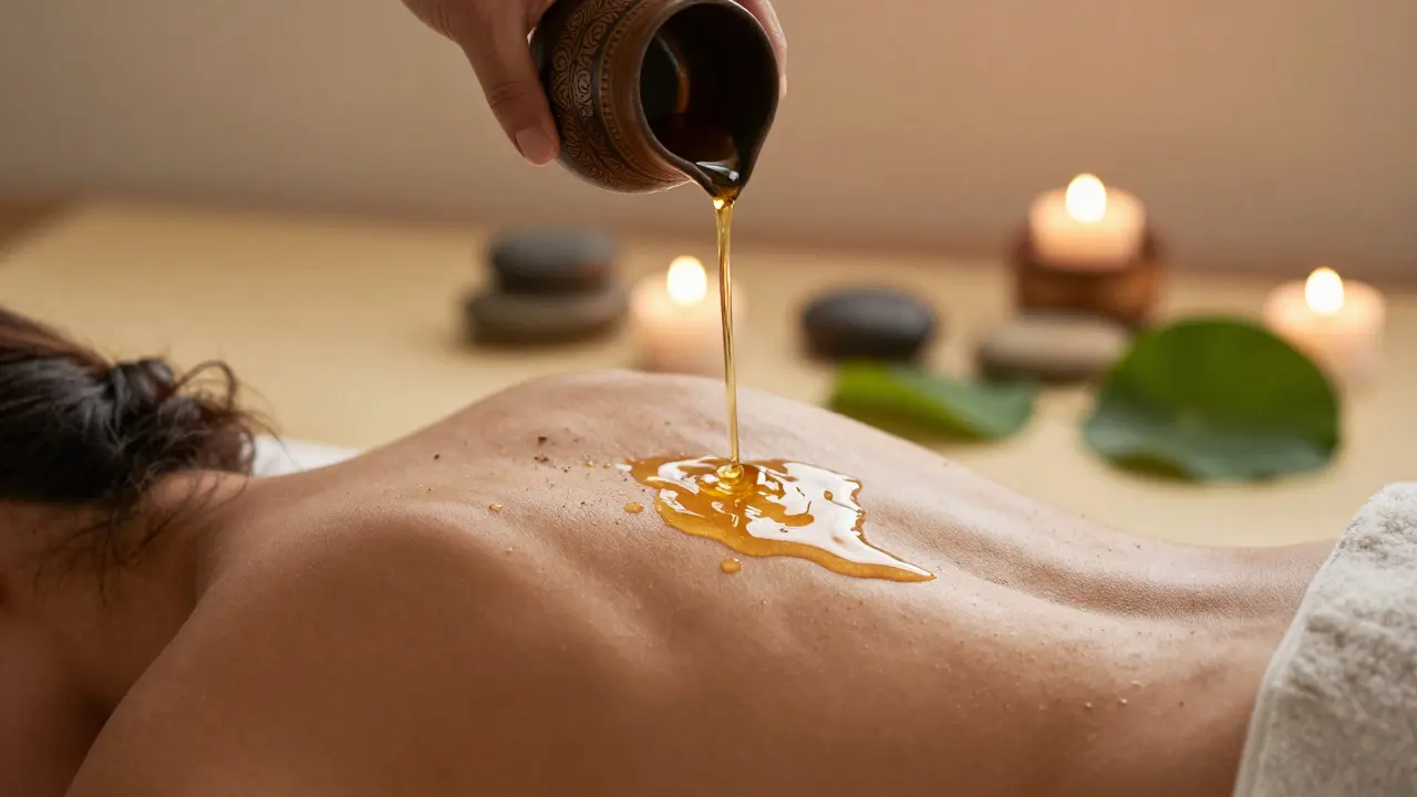 Detailteho lévání teplého bylinného oleje na kůži během masáže Abhyanga.