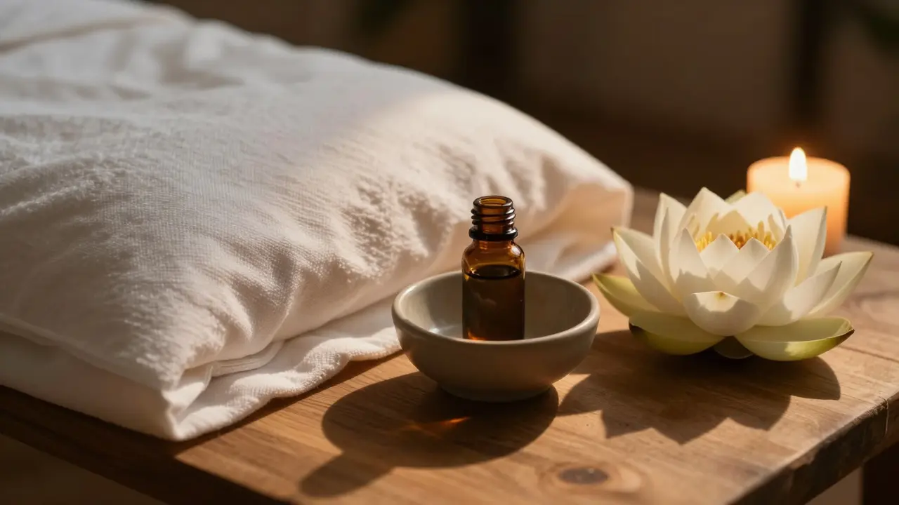 Klidný detail wellness prostoru s vonnými oleji, lotosem a teplým svícením.