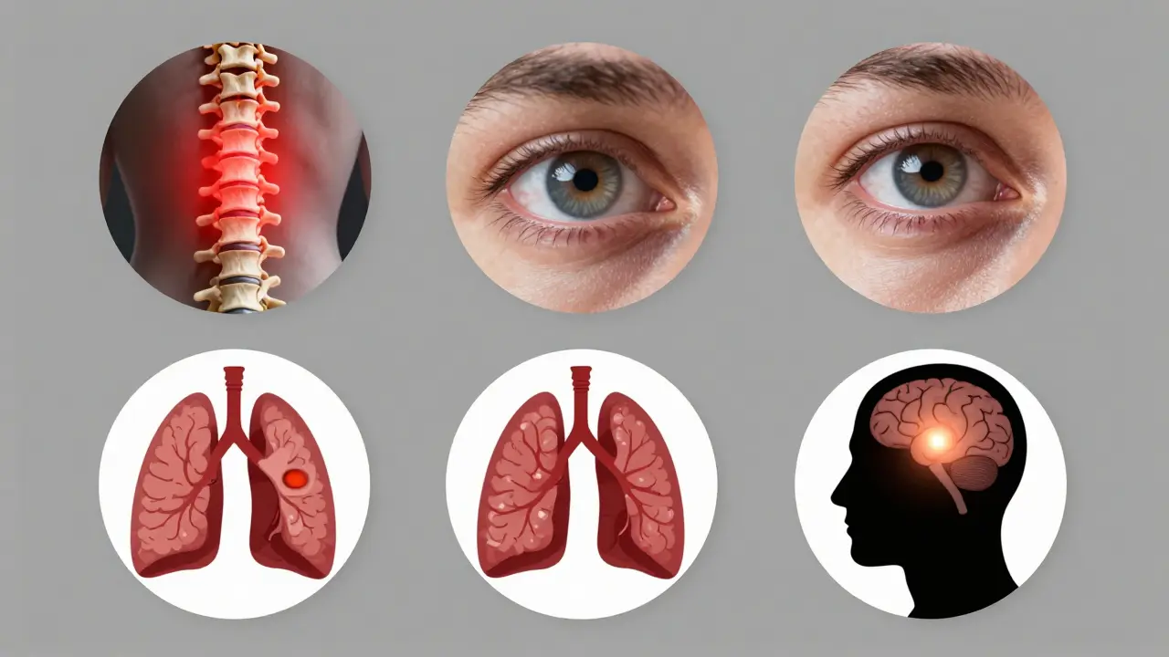Kolaže varovných signálů: bolest kostí, žlutnice v očích, problémy s plicemi a mozkovými funkcemi.