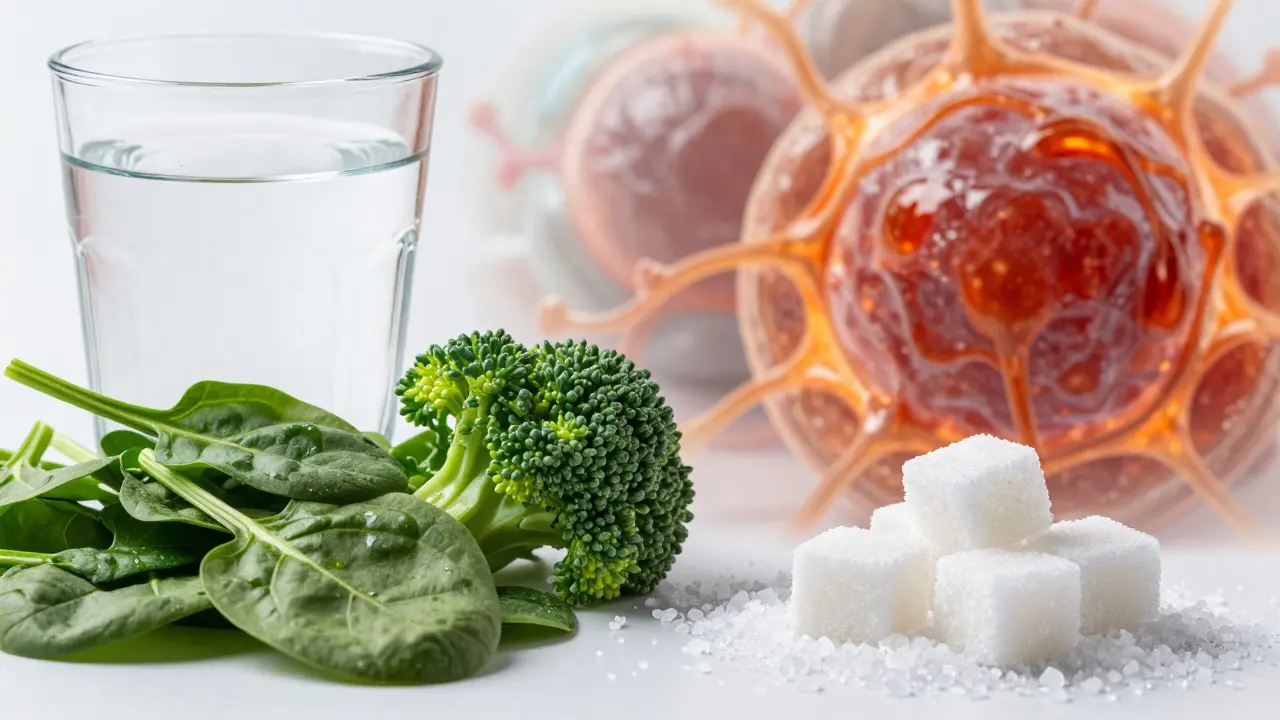 Kontrast mezi zdravou zeleninou a vodou a škodlivou solí a cukrem.