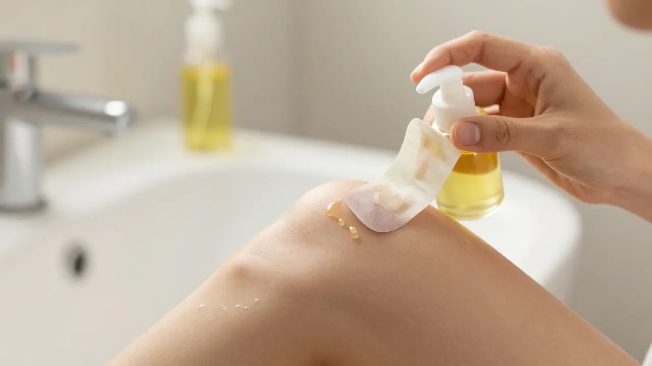 Opatrné odlepování kinetického tejpovací pásky z kůže s pomocí kosmetického oleje.