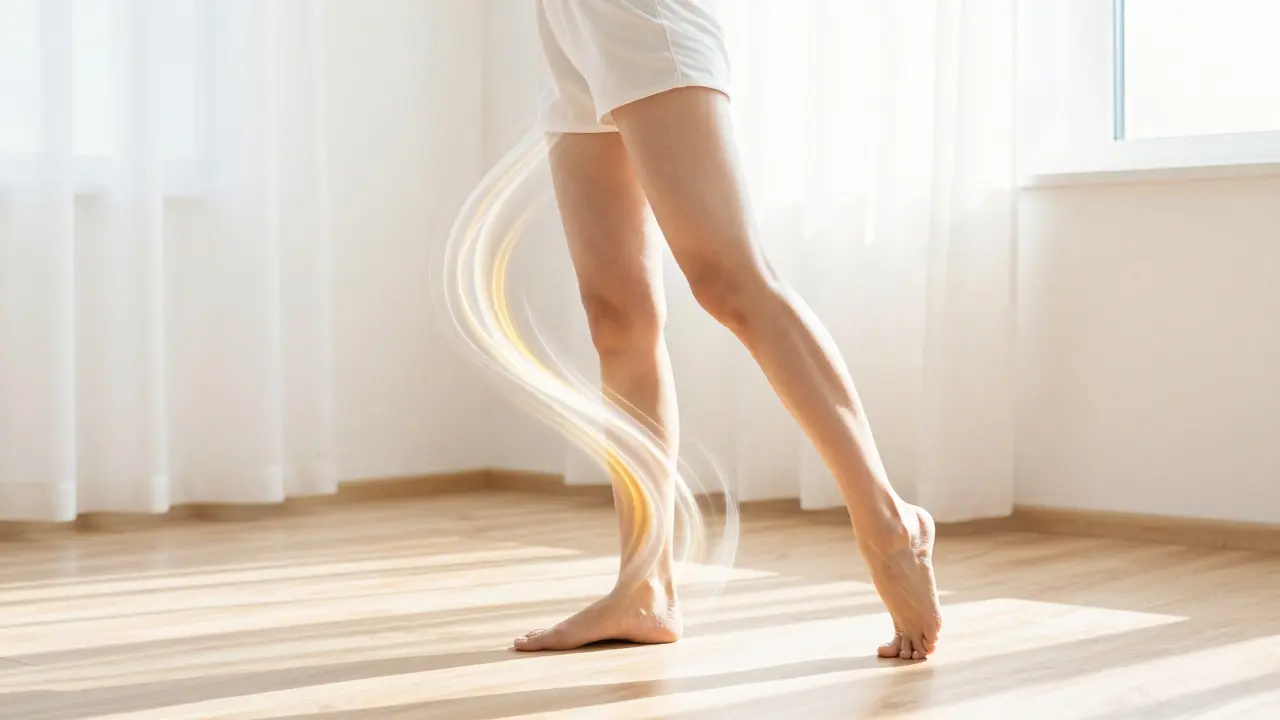 Osoba se protahující v ranním slunci s vizualizací proudící lymfy.