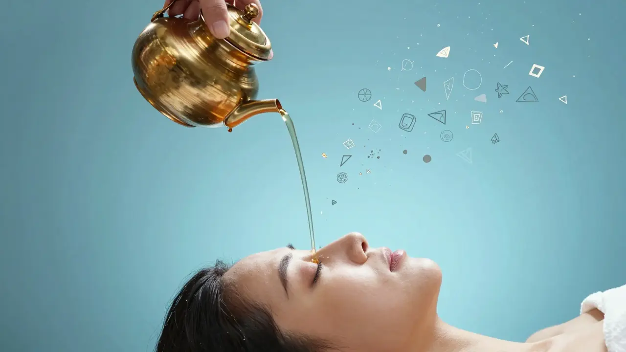 Proces Shirodhary s proudem oleje na čelo pro zklidnění mysli a odstranění stresu.