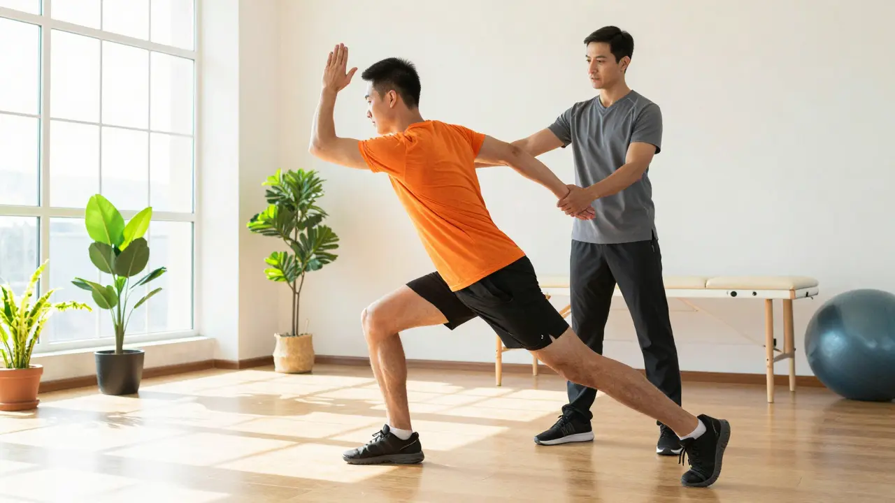 Sportovec provádí mobilizační cvičení v posilovně během procesu zotavení.