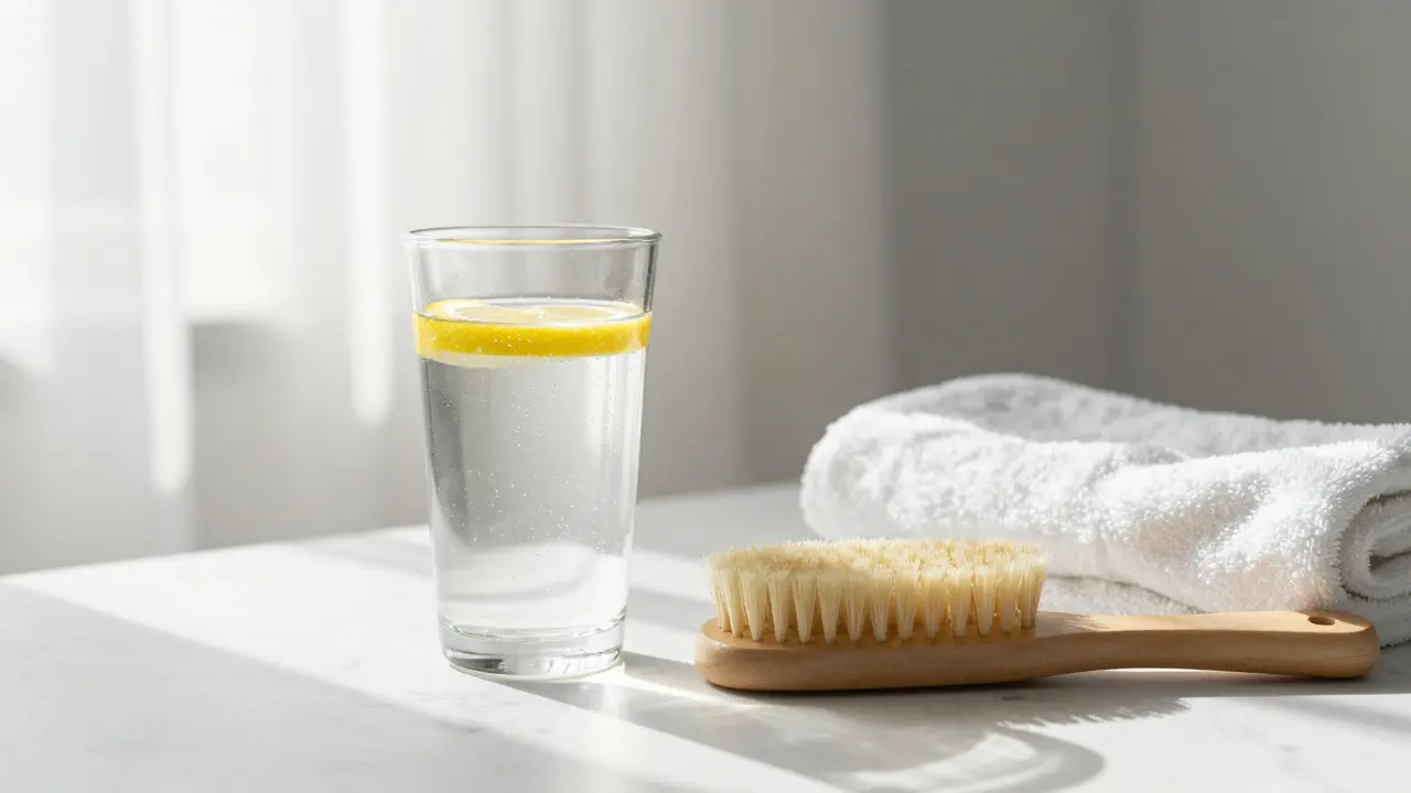 Stále s vodou a kartáčem pro suché kartáčování pokožky v minimalistickém stylu.
