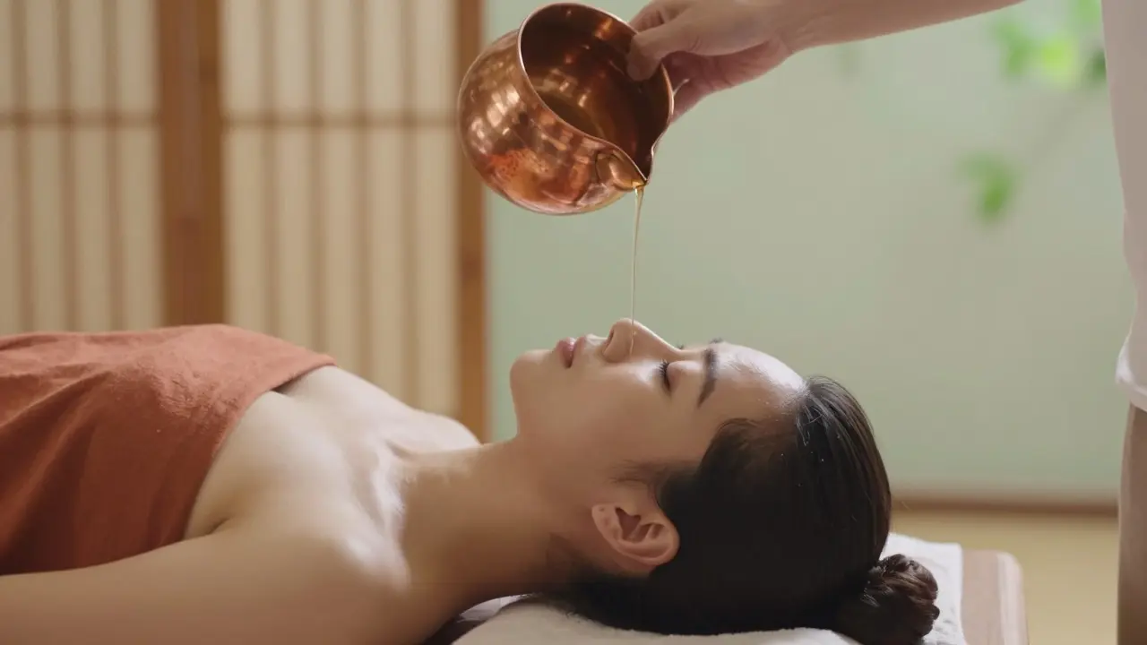 Tradiční ajurvédský rituál Shirodhara s proudem teplého oleje kapajícím na čelo relaxující osoby.