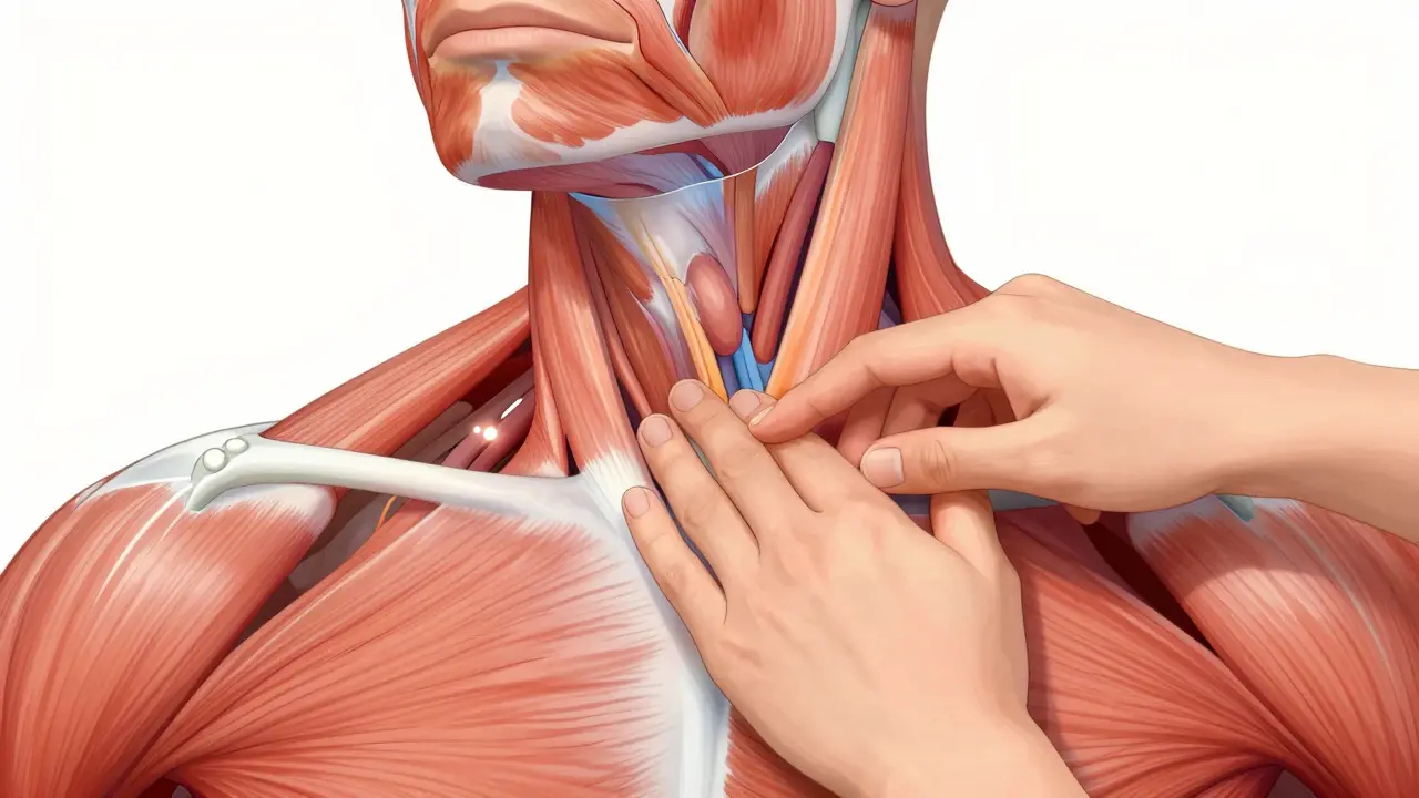Anatomická ilustrace ukazující tlak na spastické body v krku