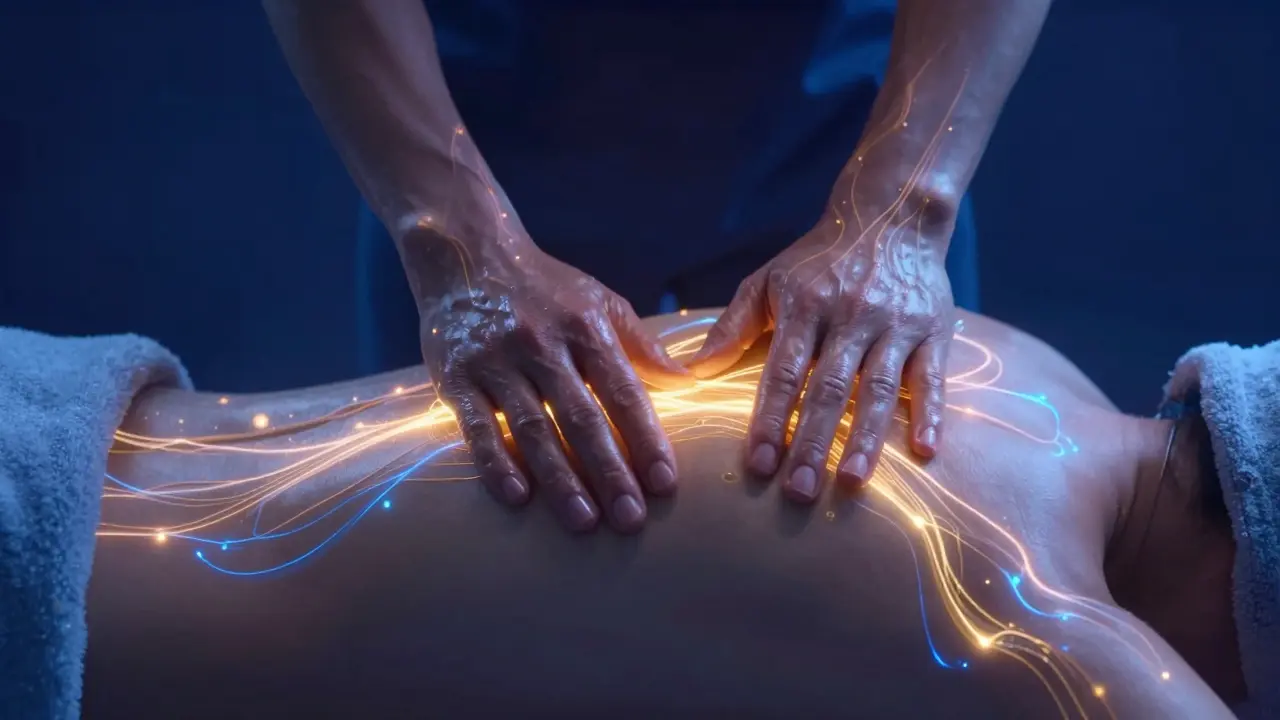 Eterické zobrazení toku energie Prany při masáži