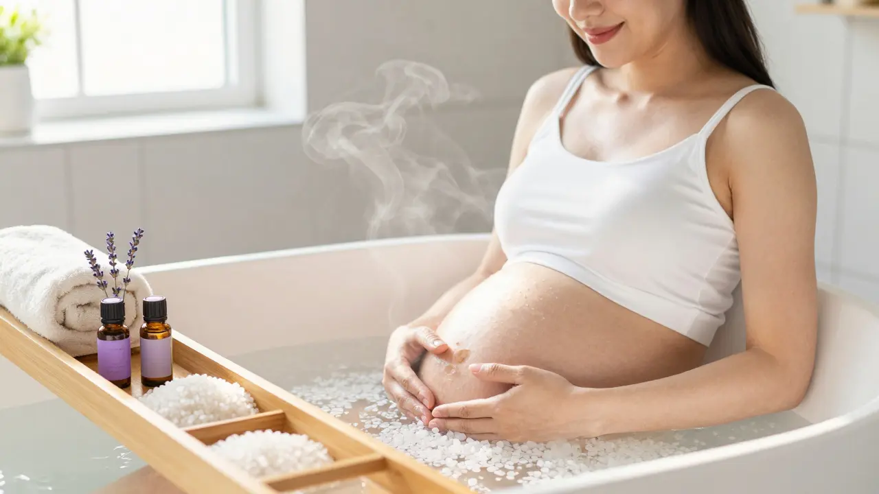 Relaxační koupel s lázněmi a éterickými oleji pro těhotnou ženu