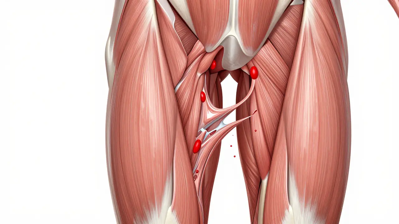Anatomické znázornění roztržených svalových vláken a zánětu