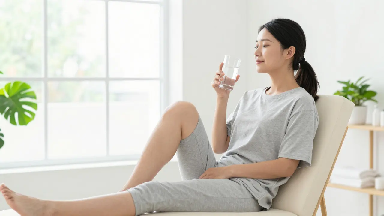 Žena po masáži pije vodu a vypadá odpočatě ve wellness studiu