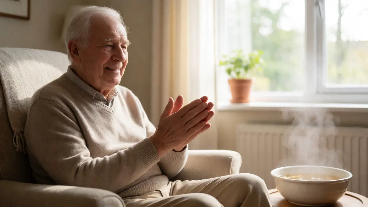 Senior si třez ruce dlaněmi v pohodlném křesle jako domácí cvik pro zdraví