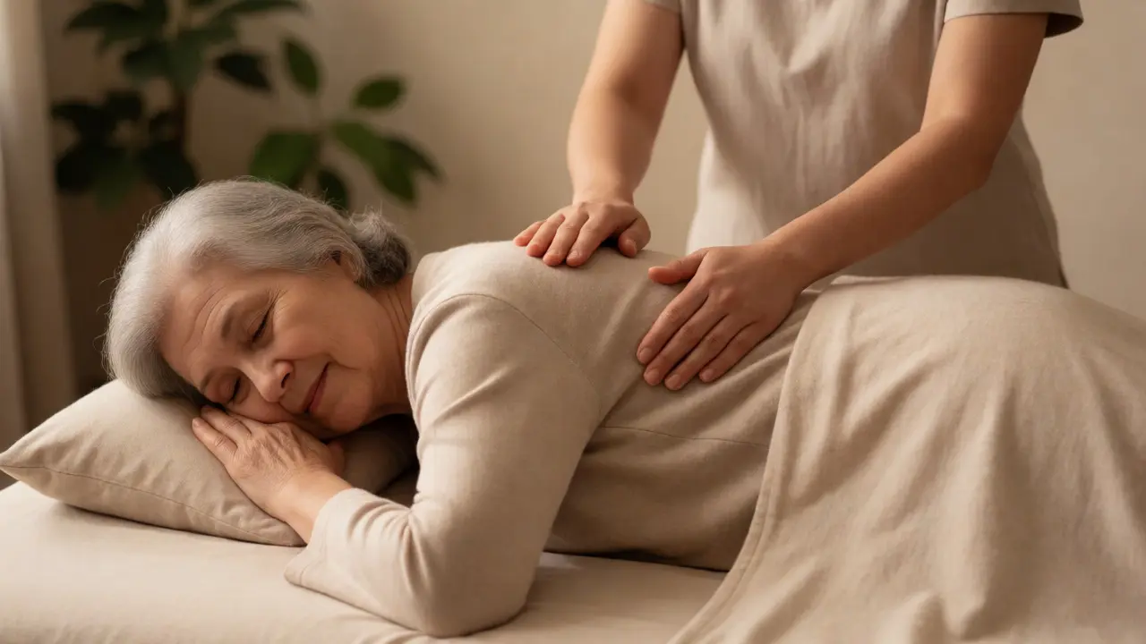 Seniorka relaxuje při šetrné masáži zad podle principů tradiční čínské medicíny