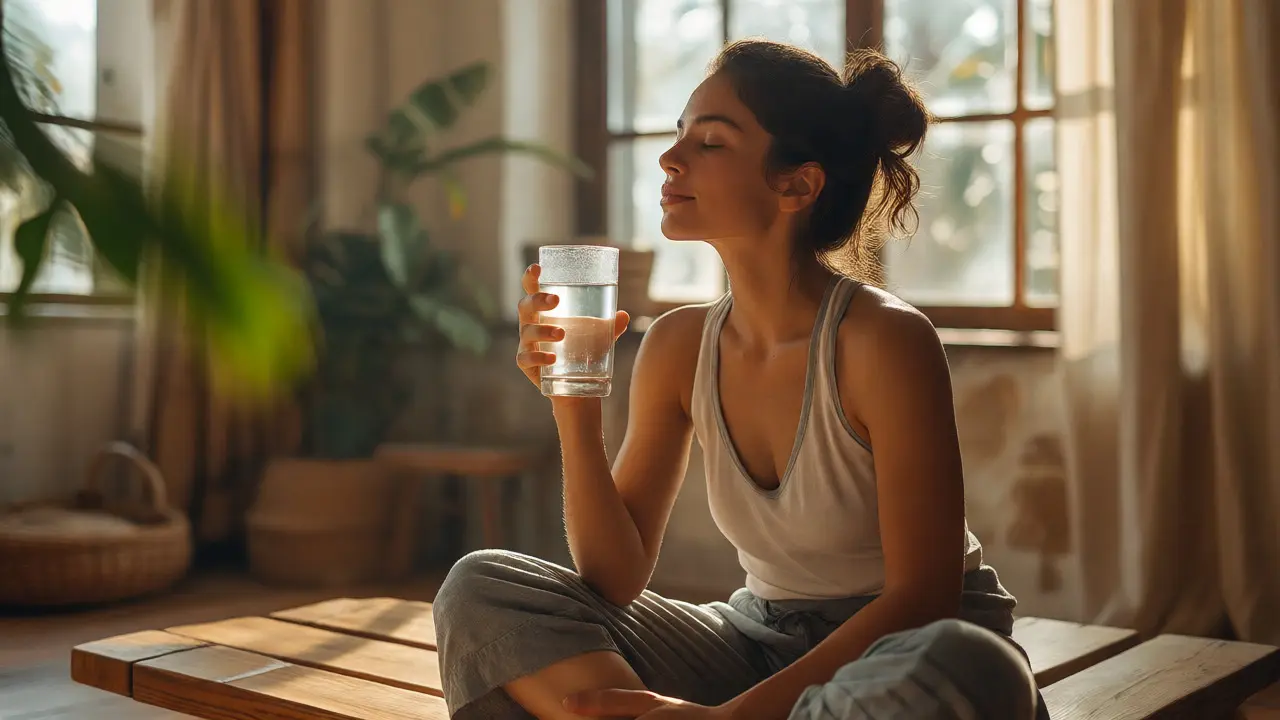 Žena pije vodu po masáži pro podporu detoxikace těla