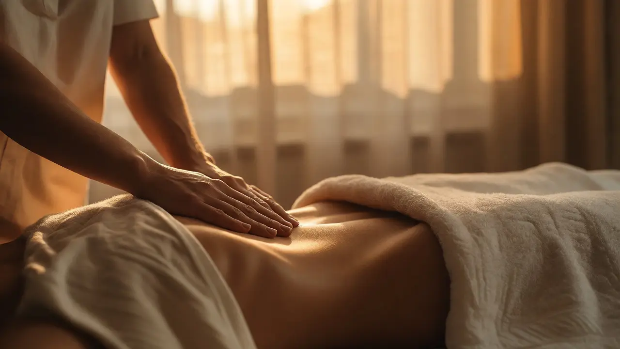 Terapeutické ruce uvolňující napětí v oblasti bránice při masáži